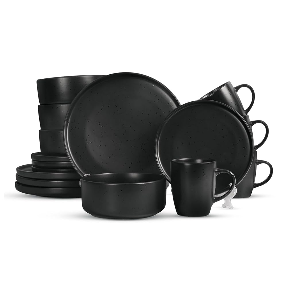 Royalford 16 Piece Stoneware Dinnerware Set - Dinner Plates, Dessert Plates, Cereal Bowls and Mugs, Black