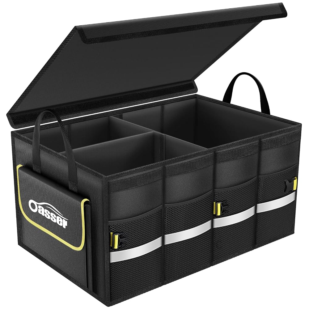 Oasser Car Boot Organiser Storage, Collapsible Waterproof Durable Multi Compartments Boot Organisers with Foldable Cover Reflective Strip
