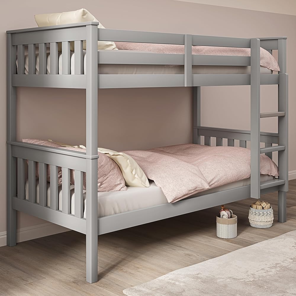 Blisswood Double Bed Bunk Bed with 2x Mattress, 3ft Grey Wooden Bunk Beds with Ladder, Twin Sleeper