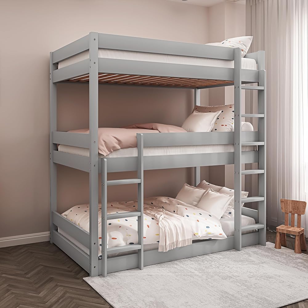Blisswood Bunk Bed, 3ft Triple Bunk Bed With Ladder High Sleeper Kids Bed, Solid Pine Wood, Grey