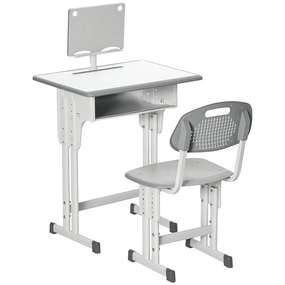 HOMCOM Kids Desk and Chair Set, Adjustable Height Study Table Set with Drawer, Book Stand, Pen Slot, Grey