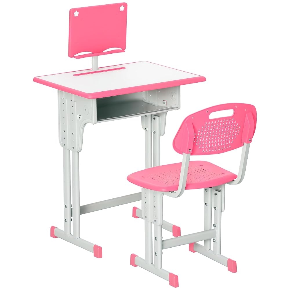 HOMCOM Kids Desk and Chair Set Adjustable Height, Study Table Set with Drawer, Book Stand, Pen Slot, Pink