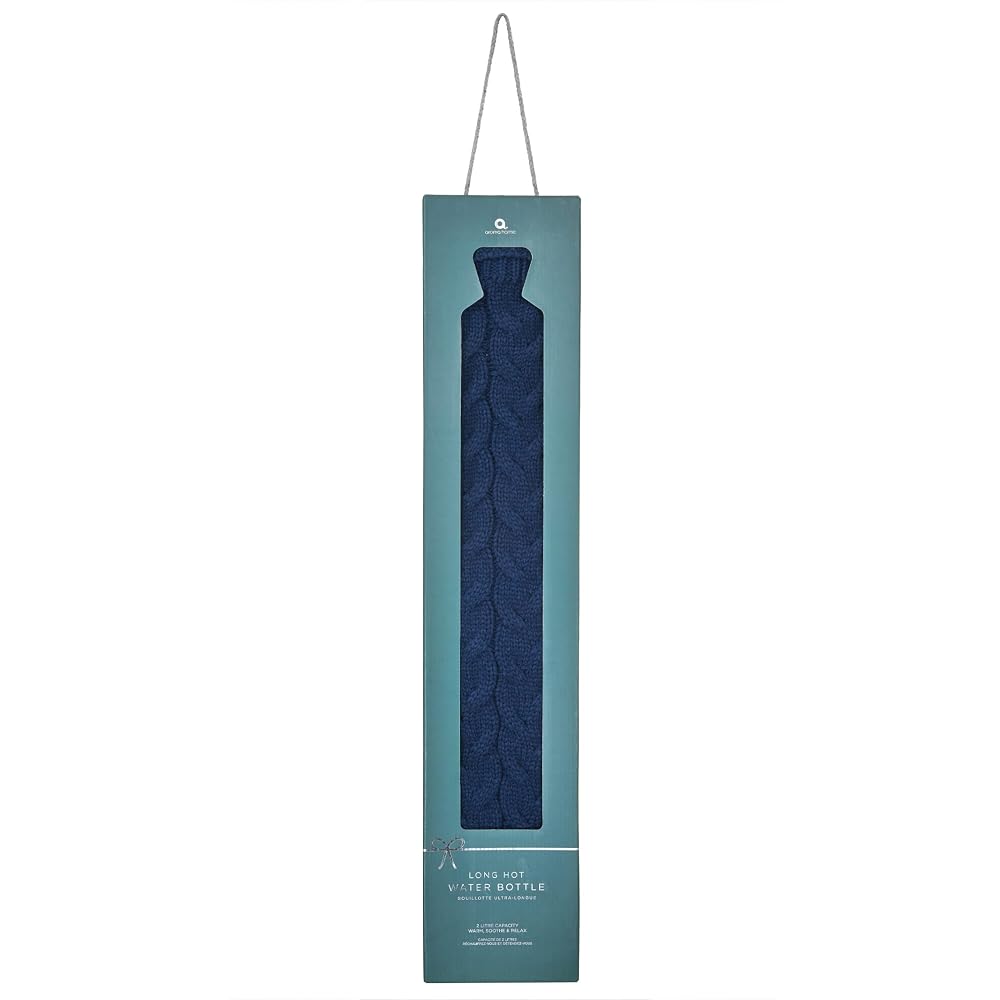 Aroma Home Long 2 Litre Hot Water Bottle with Removable Cover, Chunky Navy Cable Knit
