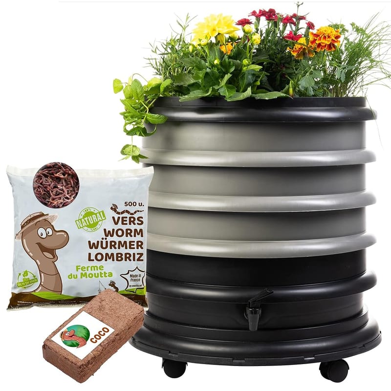 WORMbox Wormery Worm Farm Composter 3 Grey Trays + Planter + 250gr of Compost Worms, 48 Litres, Organic Waste Compost