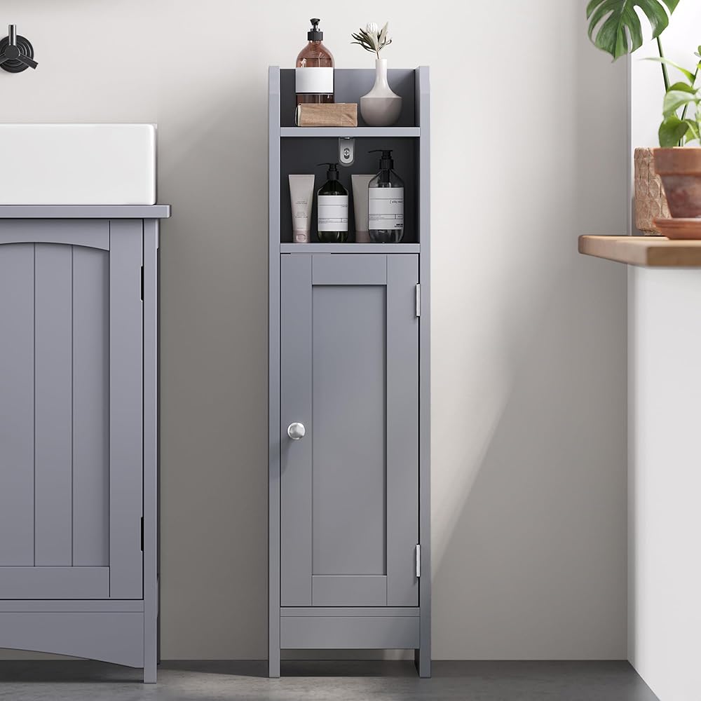 VASAGLE Slim Bathroom Floor Storage Cabinet with Door and Shelves, Dove Grey