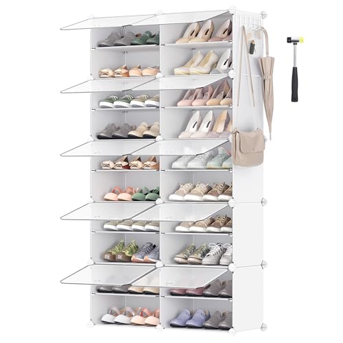 SONGMICS Interlocking Shoe Rack, Plastic Shoe Storage Cabinet, 10-Slot Modular Storage Organiser Unit, 30 x 40 x 30 cm for Each Slot, with Doors, Steel Frame, Plastic Panels, White LPC035W01