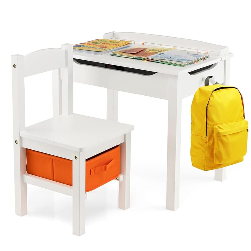 GYMAX Kids Desk and Chair Set, Wooden Children Activity Table with Chair, Storage Space & Lift-up Tabletop, Toddler Study Desk Set for Boys Girls (White)