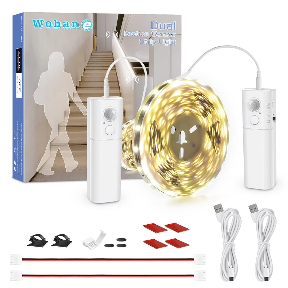 WOBANE Rechargeable Motion Sensor Strip Light, LED Closet Lights, Battery Operated LED Strip Light for Wardrobe, Stair, Pantry (2 Pack)