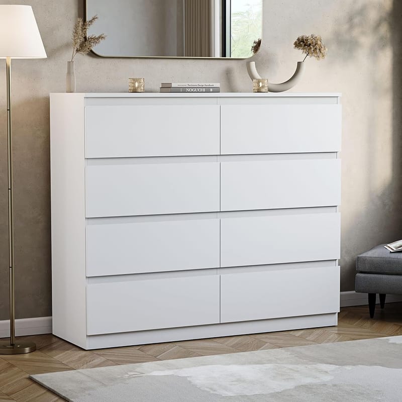Vida Designs Denver 8 Drawer Chest of Drawers, White, Space-Saving Bedroom Storage