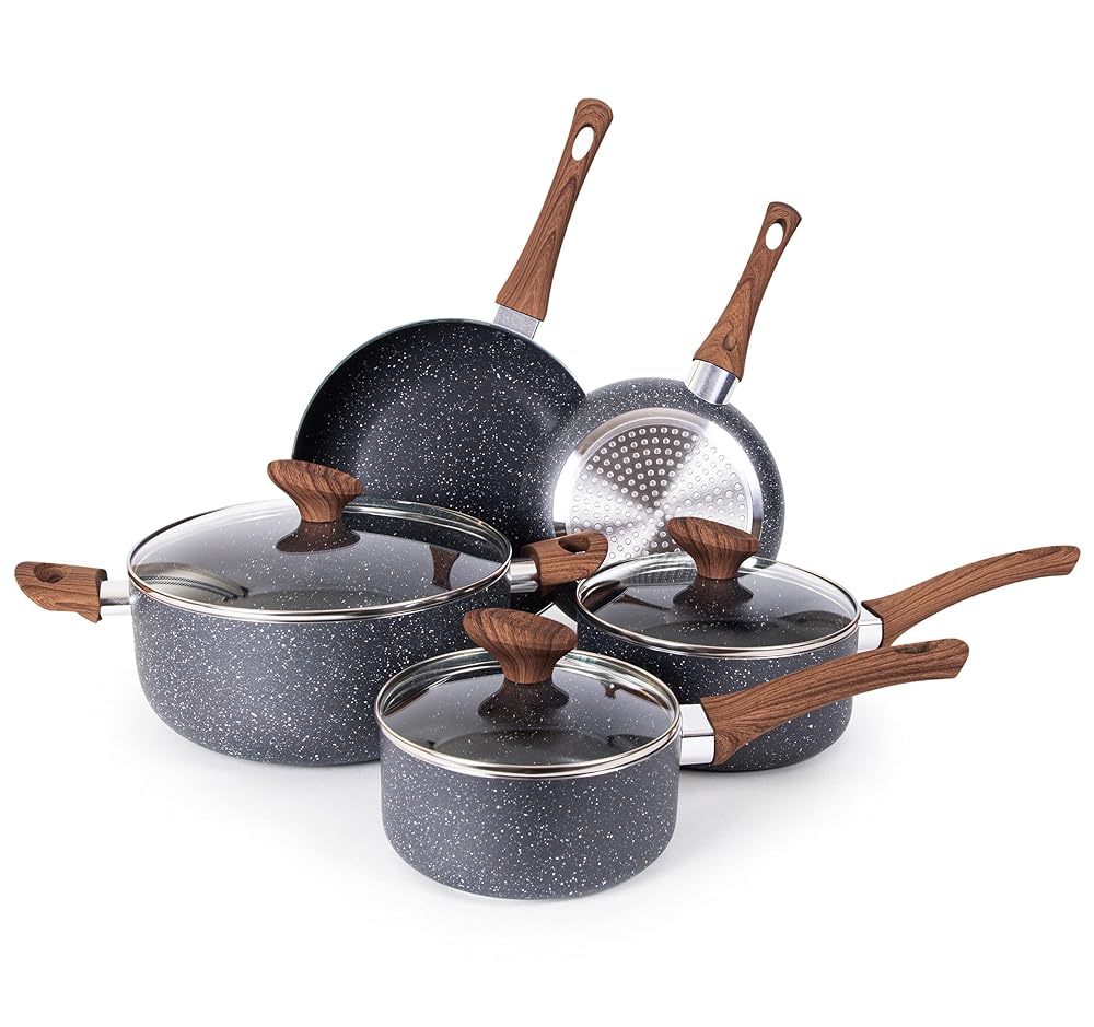 Nuovva Non-Stick Pots and Pans Set, Induction Hob Pot Set, 8pcs Kitchen Cookware with Lids, Marble