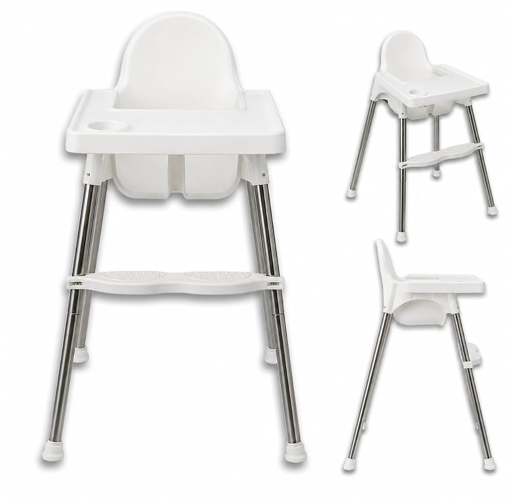 Adjustable 3-in-1 Baby Highchair, Infant High Feeding Seat, Toddler/Children Table Chair with Safety Belt and Footrest, White
