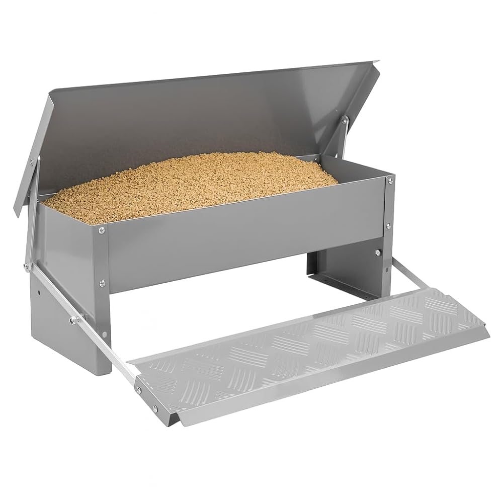 KCT Automatic Chicken Feeder Self Opening Grey Steel Trough Poultry Treadle Feeder, 5kg Capacity