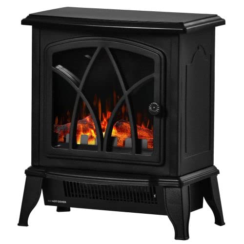 Electric Fireplace Stove Heater with Thermostat and Fire Flame Effect, 2 Heat Settings, Freestanding Portable Log Wood Burner Effect, Black