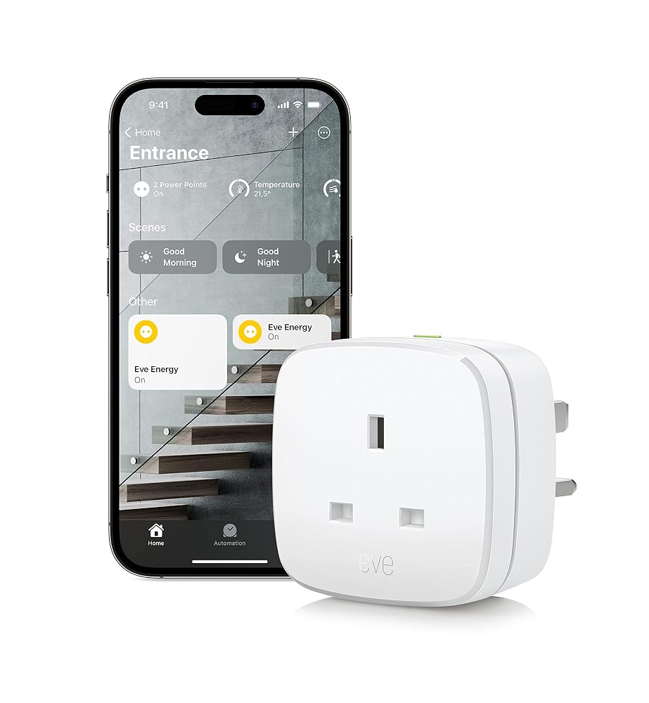 Eve Energy (Matter) UK-Smart Plug, Control and Automate Lights/Appliances, Secure and Private, Easy Setup, Future-Proof with Matter and Thread, Works with Apple HomeKit, Alexa, Google Home