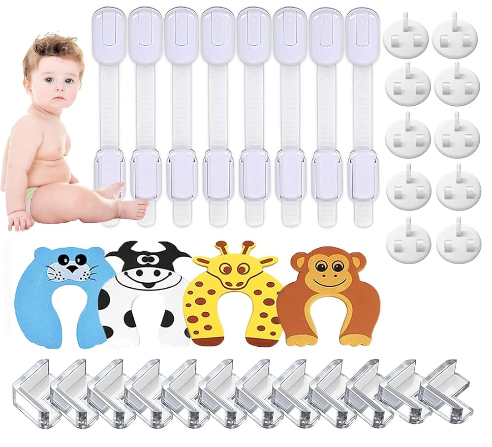 Baby Proofing Kit, Child Safety Cupboard Locks, Table Corner Protectors, Door Finger Pinch Guards, Socket Covers (34 Pieces)