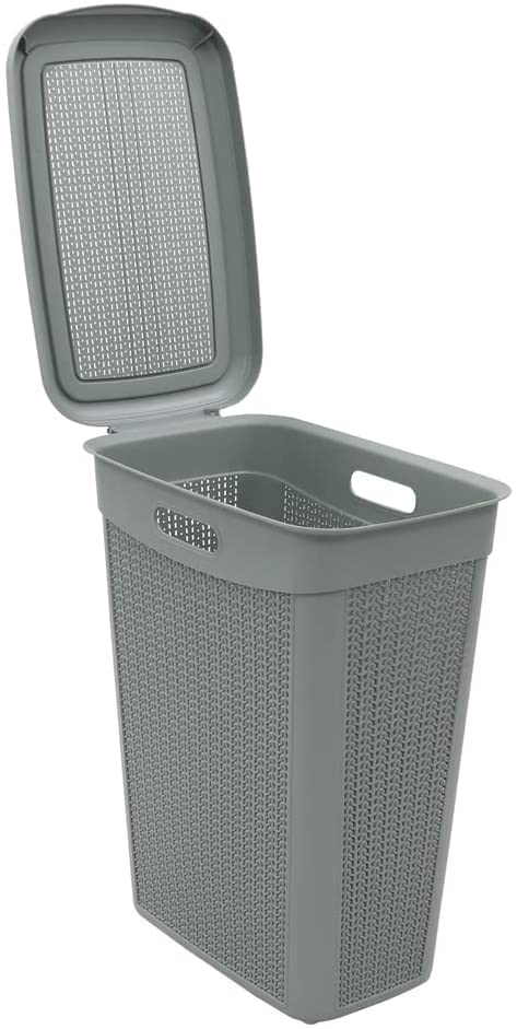 Grey Laundry Basket with Lid, Knit Design Storage Basket, Rectangular Plastic Laundry Bin with Handle, 50 Litre