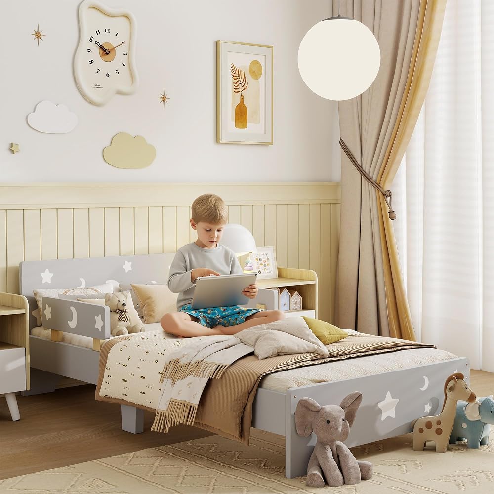 ZONEKIZ Kids Toddler Bed with Star and Moon Patterns, Side Rails, Ages 3-6 Years, Grey