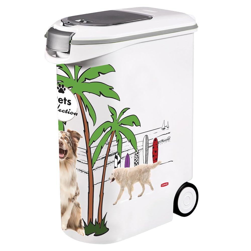 Curver Pets Collection Dog Food Container, Large Airtight Odour Proof Storage Bin with Wheels, 54L 20kg, White