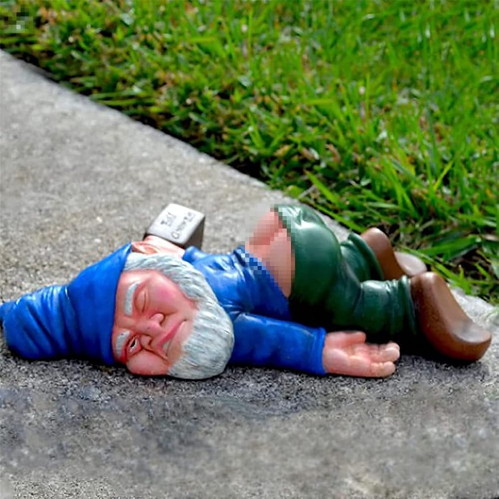 JINJIASC Creative Garden Gnome Statue, Blue Resin Outdoor Decoration, Funny Drunk Gnome