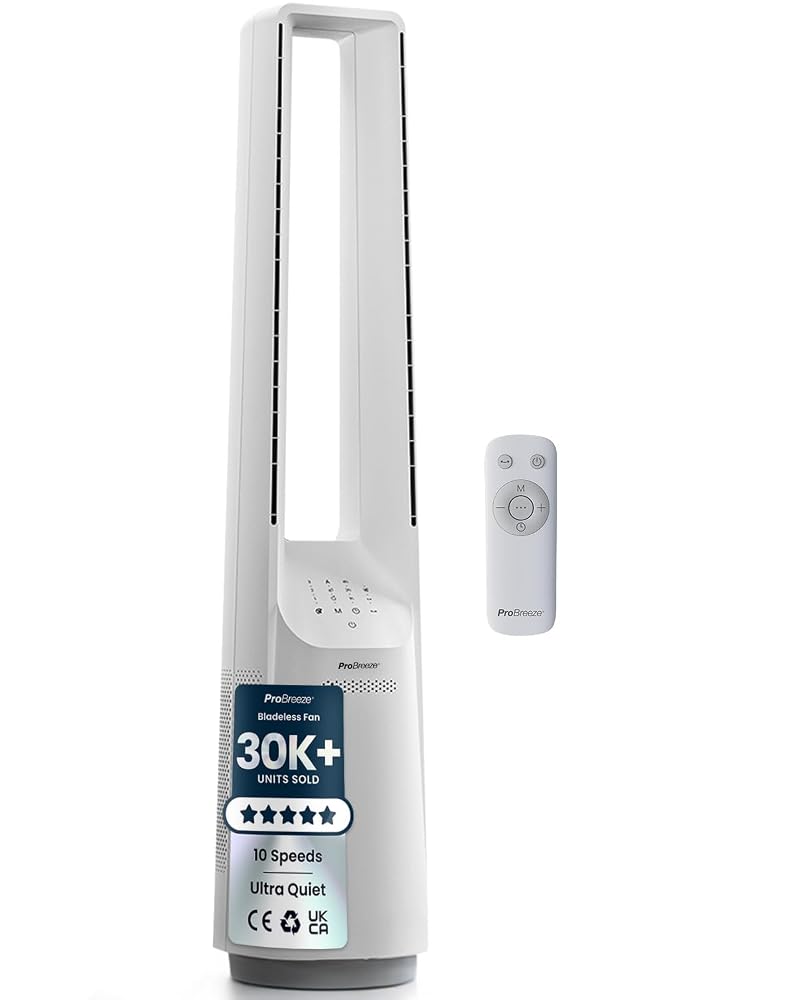 Pro Breeze Silent Bladeless Portable Tower Fan, Ultra Quiet Standing Air Circulator with Remote, Timer, 6 Speeds & LED Display
