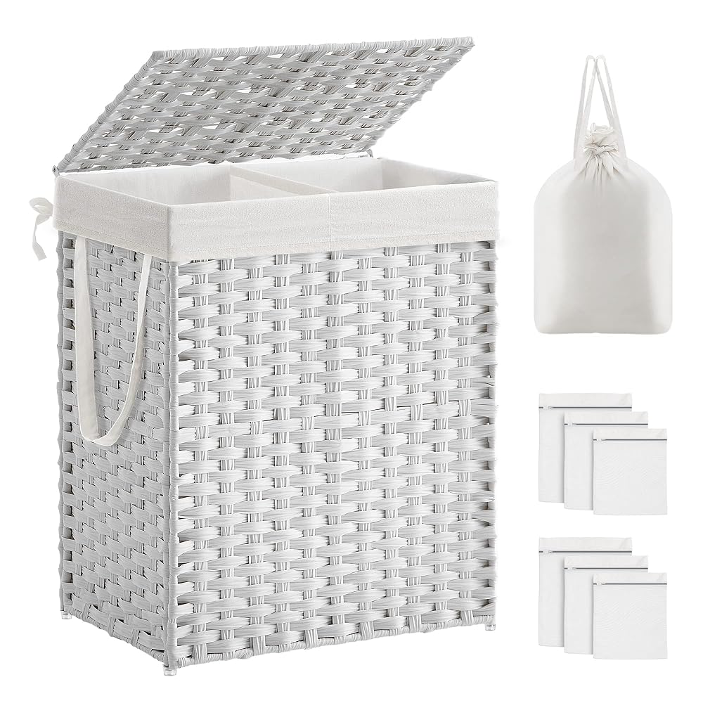 SONGMICS Laundry Basket with Lid, 90L Washing Basket 2 Compartments, Removable Liners with Handles, Handwoven Synthetic Rattan, for Bedroom, Bathroom, Laundry Room, White