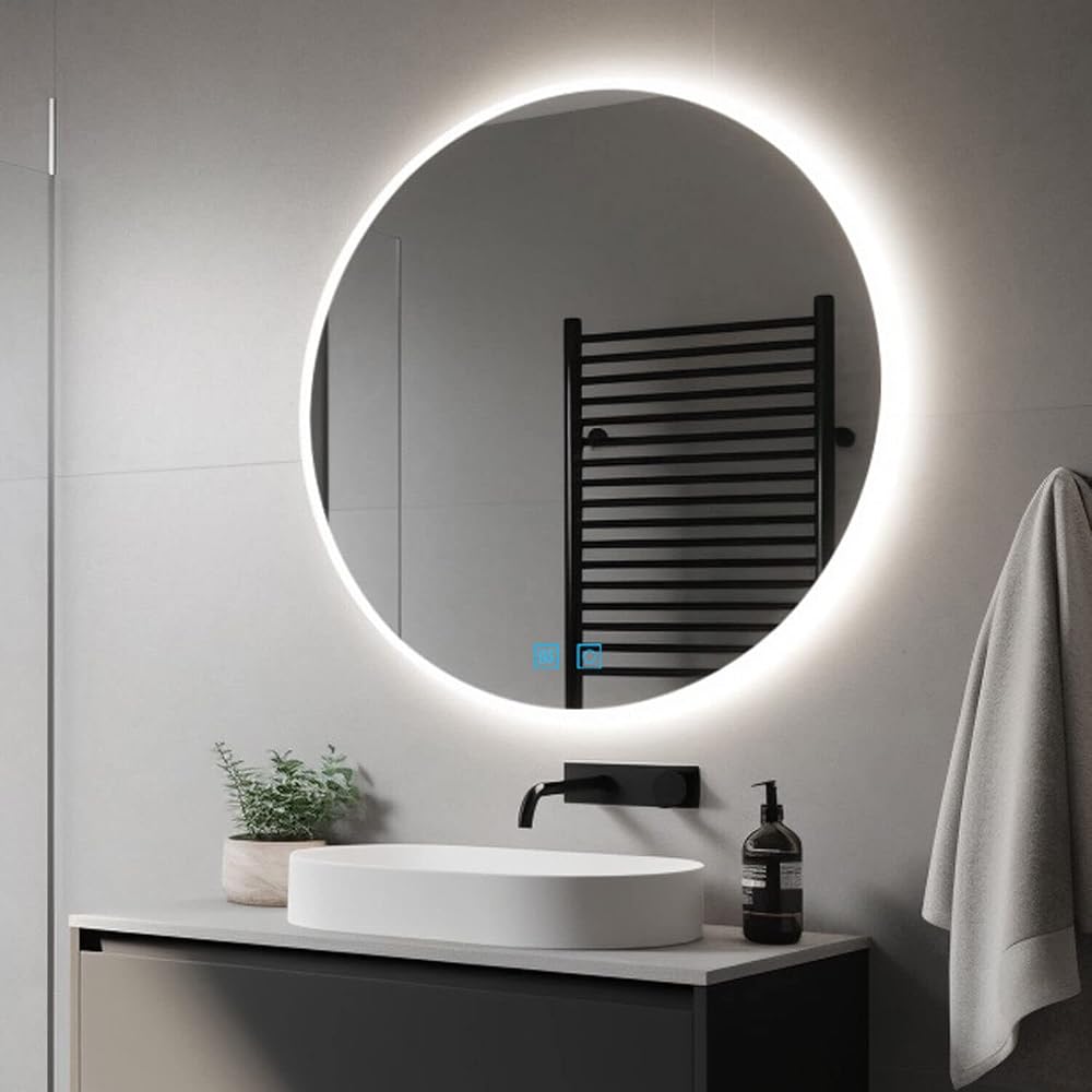 Finmrys Round Bathroom Mirror with LED Lights 800mm, Illuminated with Demister, Dimmable 3 Colour Light