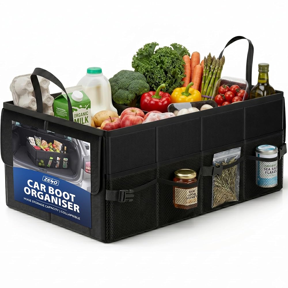 ZENO Car Boot Organiser Bag | Car Boot Tidy Storage | Collapsible Heavy Duty Trunk | Portable Multi Compartment Shopping Holder | Non Slip & Adjustable Securing