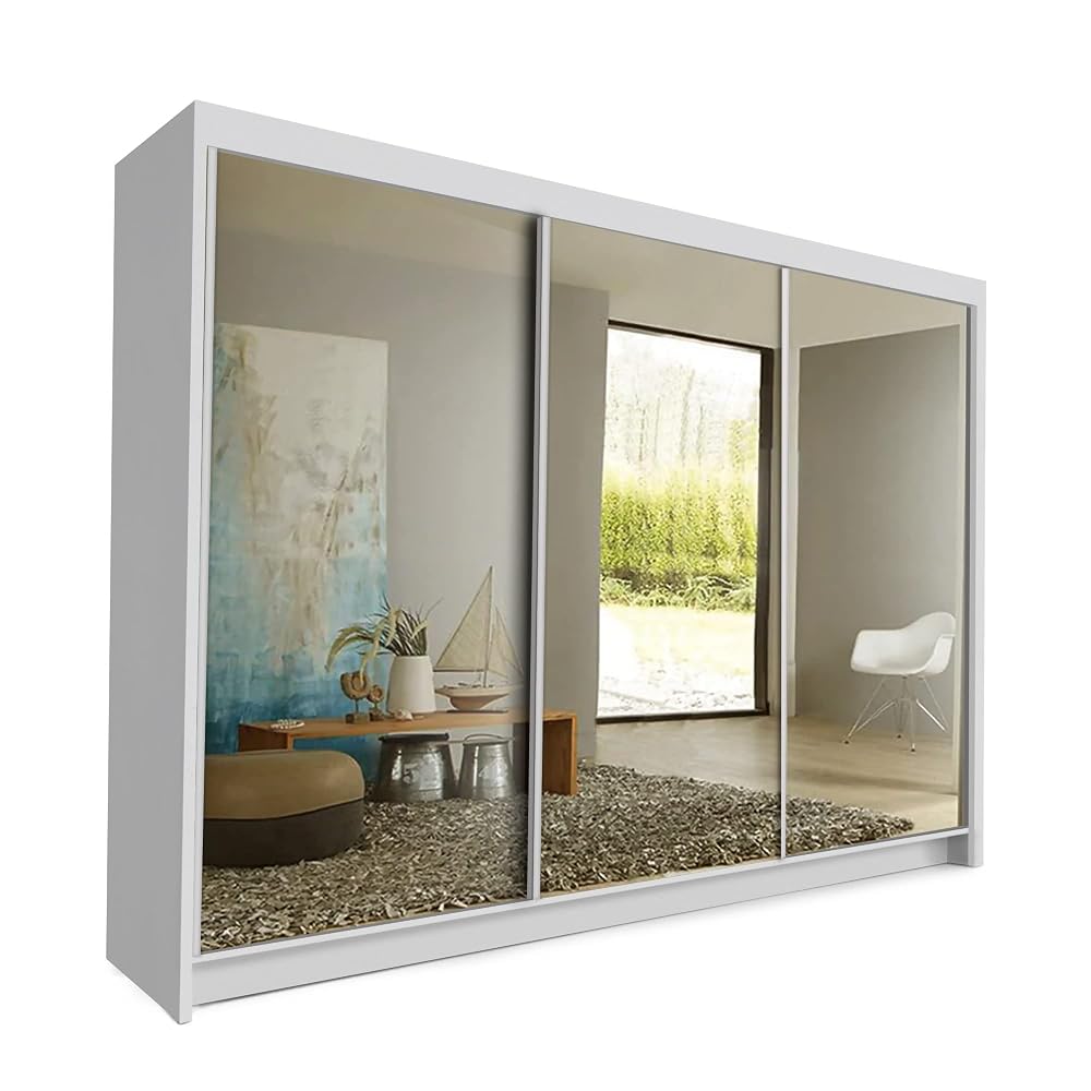COMFATRA Toronto 253cm 3 Door Sliding Wardrobe with Mirror, Drawers, Shelves and Hanging Rails, White