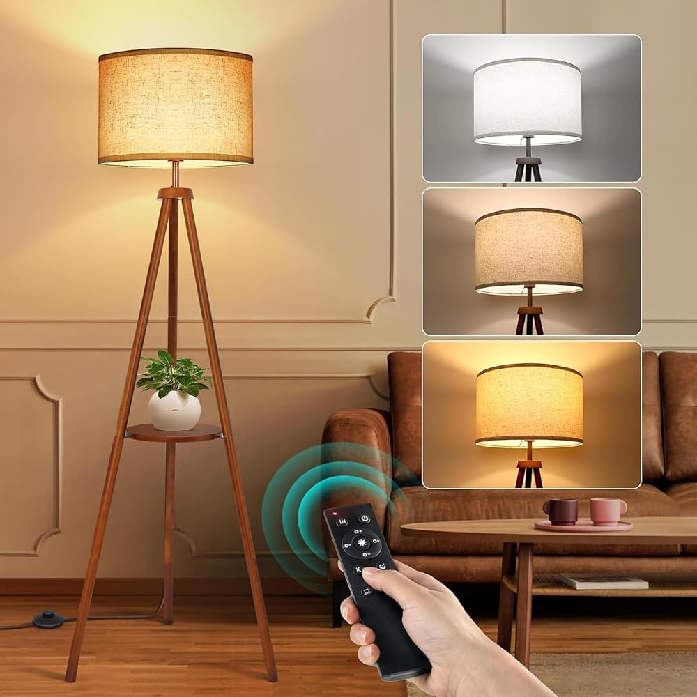 OUTON Solid Wooden Tripod Floor Lamp, Bulb Included, Remote Control, Dimmable, Storage Shelf