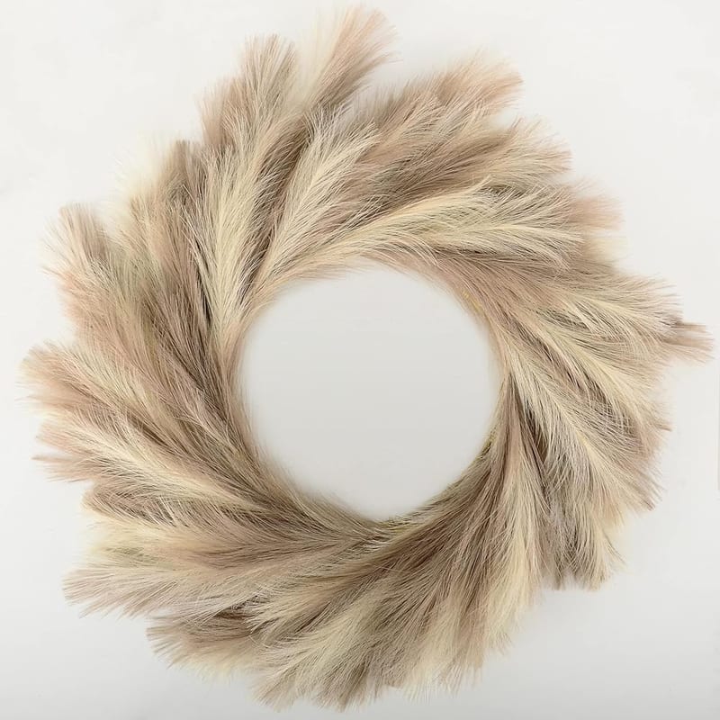 Perfnique Artificial Pampas Grass Wreath, Faux Pampas for Front Door, Boho and Farmhouse Decor, All Seasons Wall Hanging