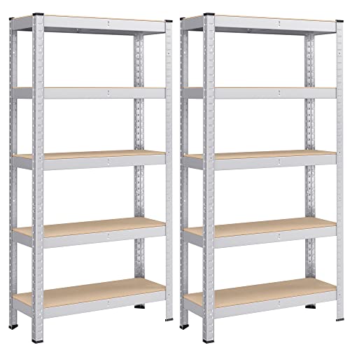 SONGMICS 5-Tier Shelving Unit, Set of 2 Steel Shelving Unit for Storage, Boltless Assembly, for Garage, Shed, Load Capacity 650 kg Each, 30 x 75 x 150 cm, Silver GLR030E02