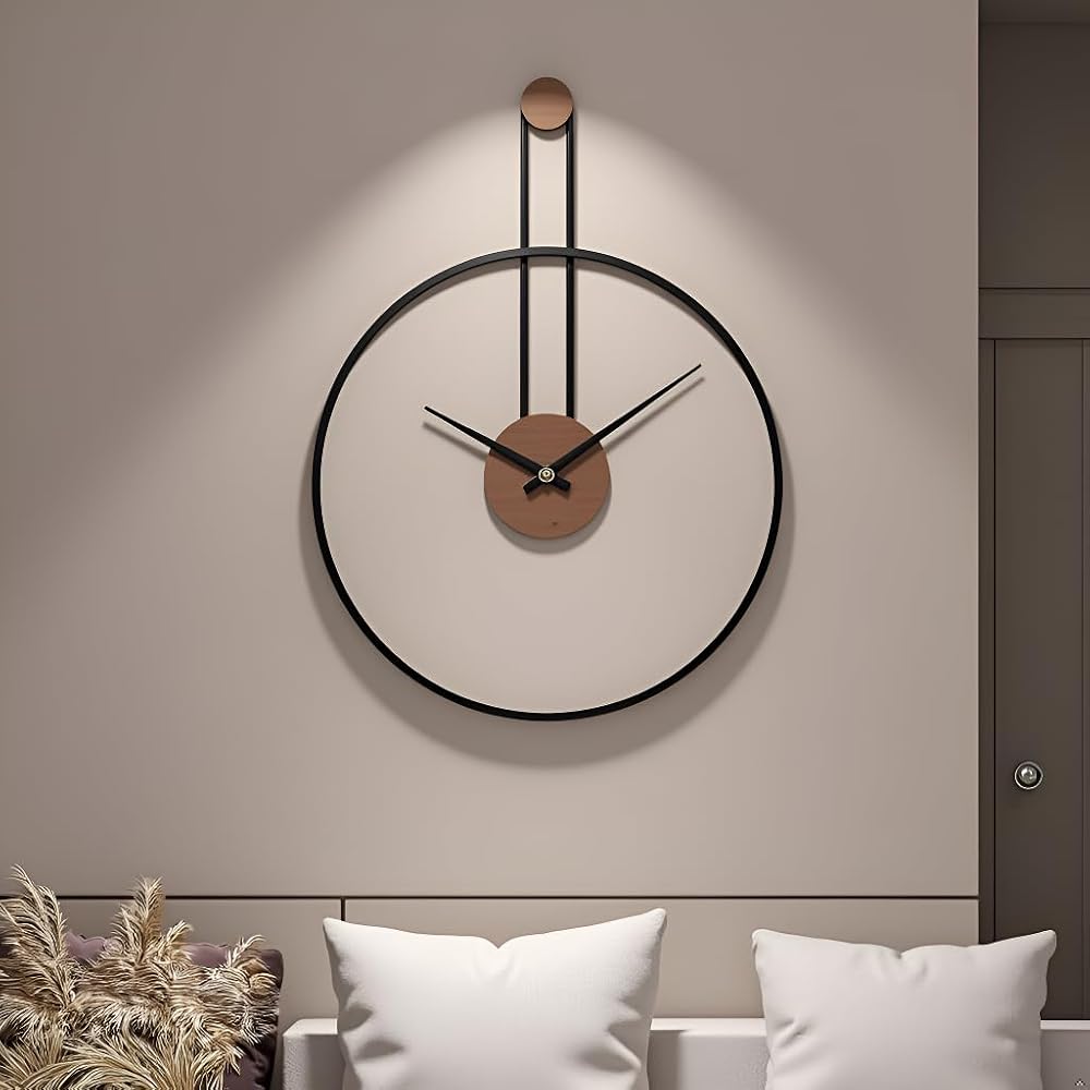 Ticktime Large Decorative Wall Clock for Living Room, Metal & Walnut Dial Home Decor, Silent Non Ticking, Lightweight Clock for Bedroom, Study, Office, 28.7''x21.6'', Black
