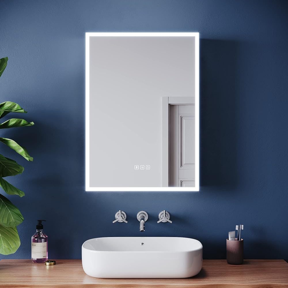 ELEGANT Black Bathroom Cabinet with LED Lights and Shaver Socket, Mirrored Wall Cabinet, 500mm x 700mm