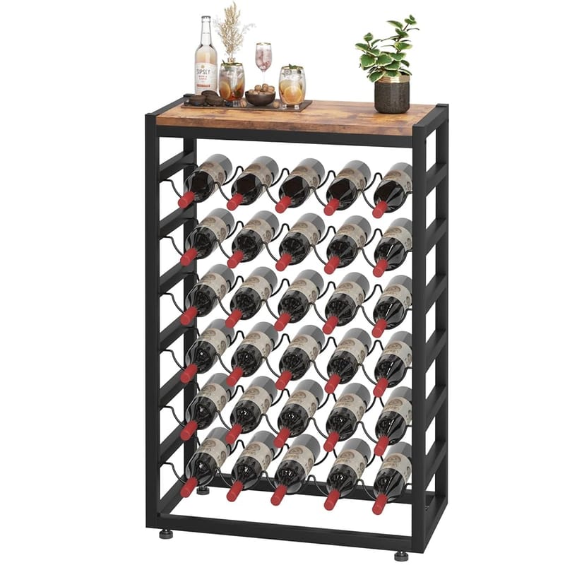 Dripex 30 Bottles Wine Rack Free Standing Floor, 6-Tier Display Wine Storage Shelves with Wooden Table Top, Sturdy Metal Bottle Holder