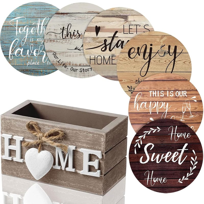Queekay Housewarming Gifts Wooden Heart Coasters, Set of 6 Farmhouse Coasters with Holder, 4in