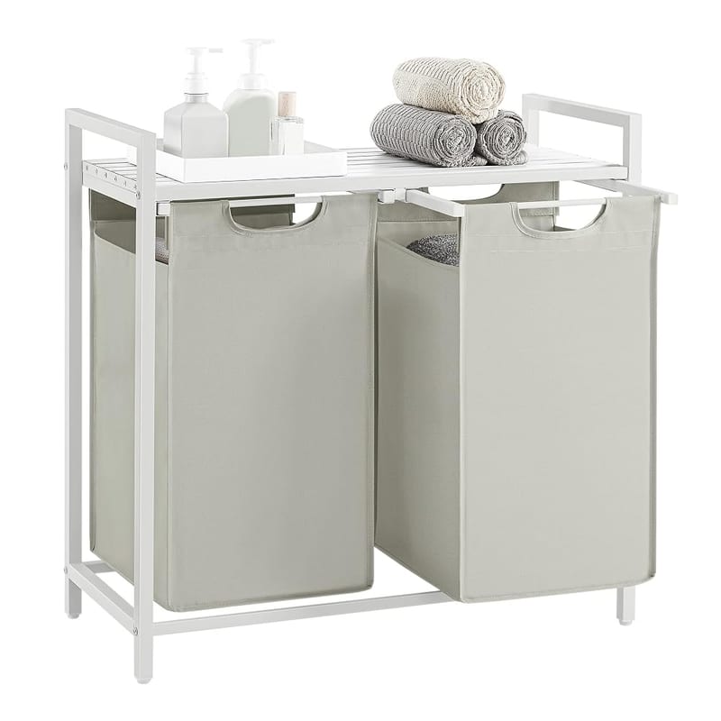 VASAGLE Laundry Basket, 2-Compartment Laundry Hamper, Pull-Out and Removable Laundry Bags, Laundry Sorter, Shelf, Metal Frame, 2 x 46L, White
