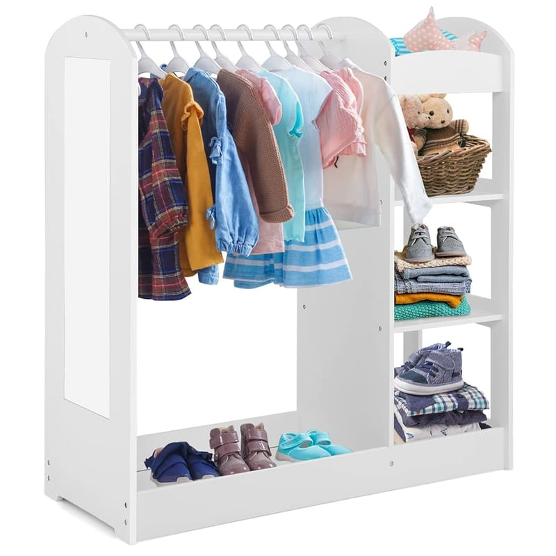 COSTWAY Kids Dress up Storage, Children Wardrobe with Mirror, Clothes Rail and 3-Tier Shelves, Child Wooden Organizer Costume Closet for Boys Girls Gift, White