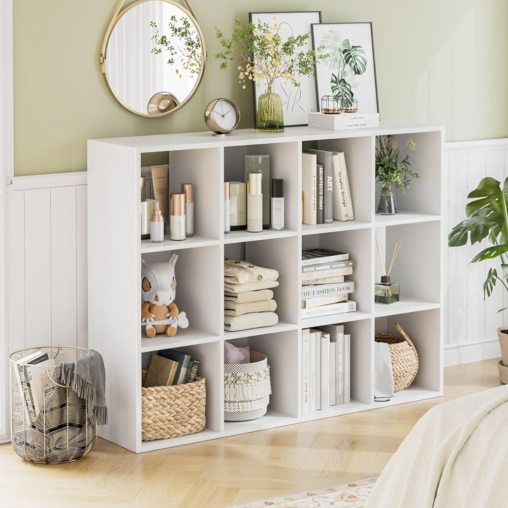 HOCSOK Cube Bookcase Bookshelf with 12 Cube Storage Units Wooden Display Shelving Storage Unit Office Living Room Furniture, White