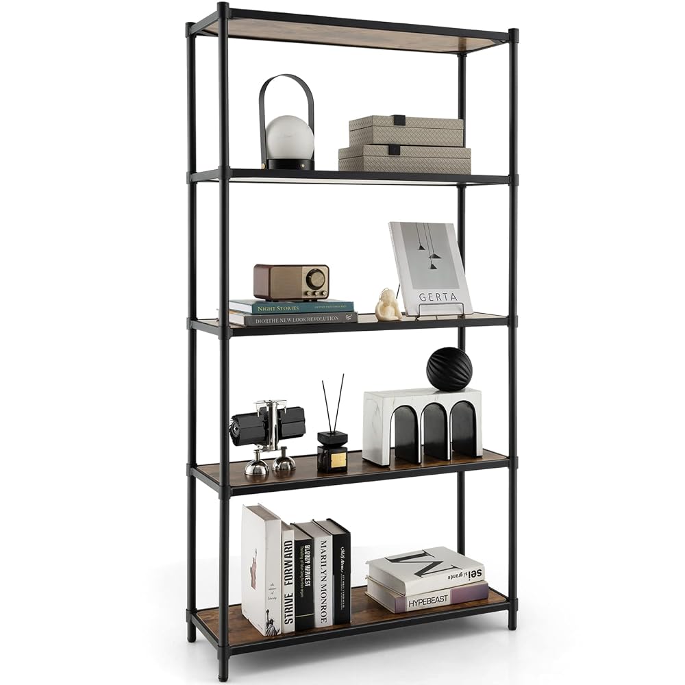 COSTWAY 5-Tier Bookshelf, Wooden Storage Bookcase Ladder Shelving Unit, Freestanding Metal Frame