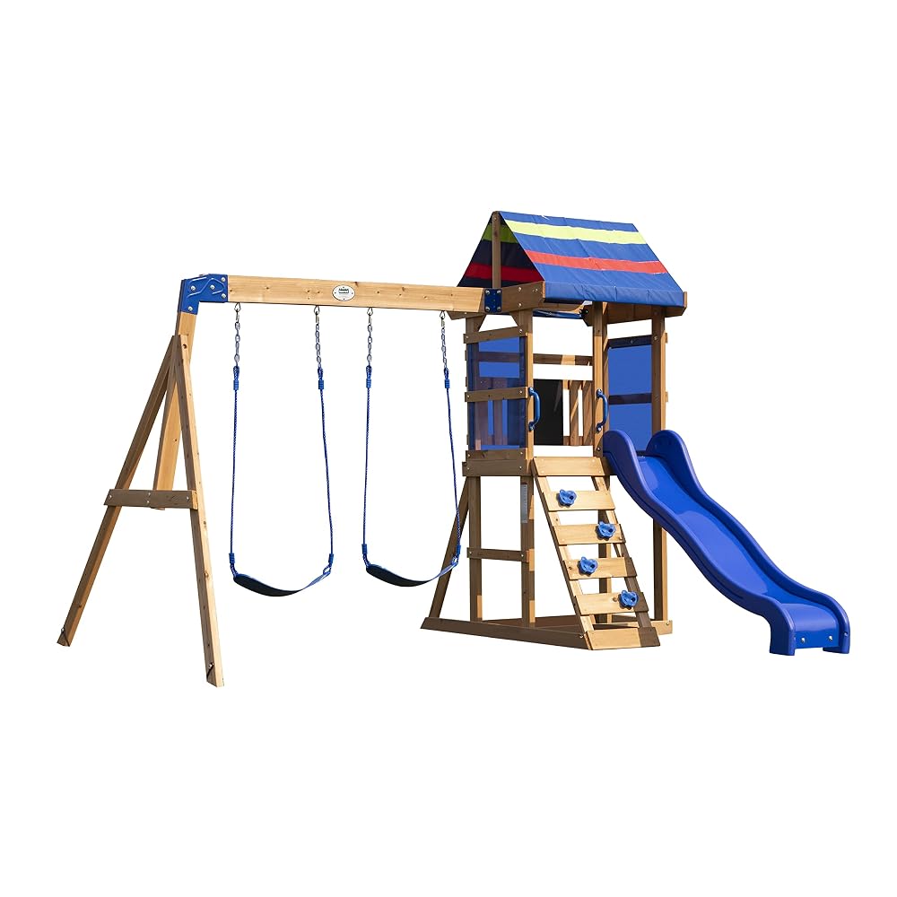 Backyard Discovery Bay Pointe Cedar Swing Set | 1.8m Slide & Chalkboard | 100% Cedar Wood, 1.8m Wave Slide, Built-In Chalkboard, 2 Belt Swings, Outdoor Climbing Frame, Ages 3-6