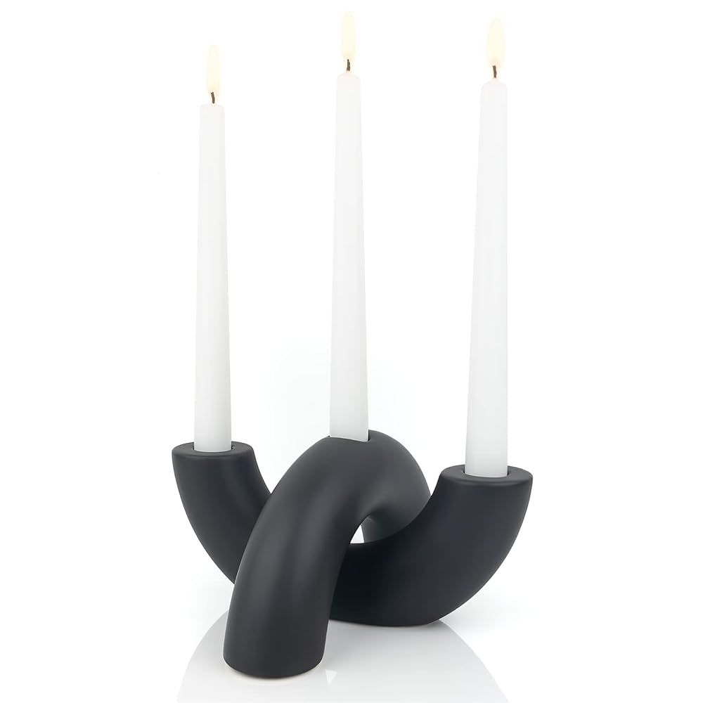 AERLO Ceramic Candle Holder Set - Decorative Candle Stick Candle Holders, Modern Decor for Dining Table, Living Room Coffee Table or Shelf, Minimalist Candelabra for 3 Taper Candles (Black)