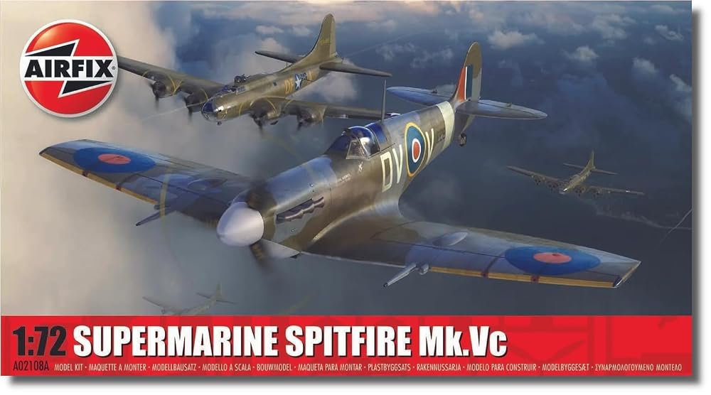 Airfix Model Set - A02108A Supermarine Spitfire Mk.Vc Model Building Kit, 1:72 Scale, with Paints, Glue & Brush