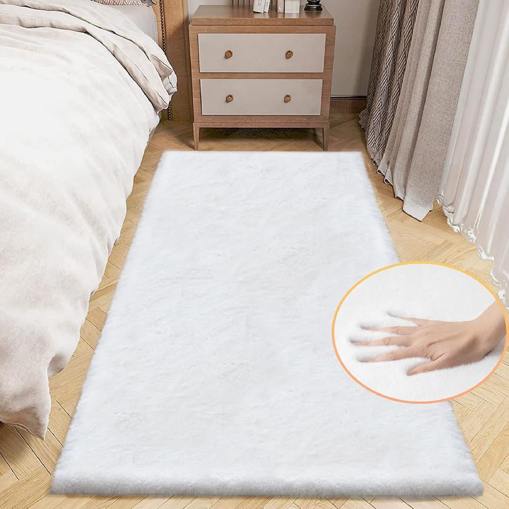 ORINOVA White Washable Furry Area Rug Runner, Faux Bunny Fuzzy Fur Rug for Bedroom Living Room, 60x180cm, Rug Runner for Hallways