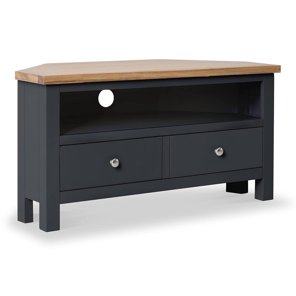 RoselandFurniture Farrow Charcoal Corner TV Stand Unit, Painted Solid Wood with Light Oak Top