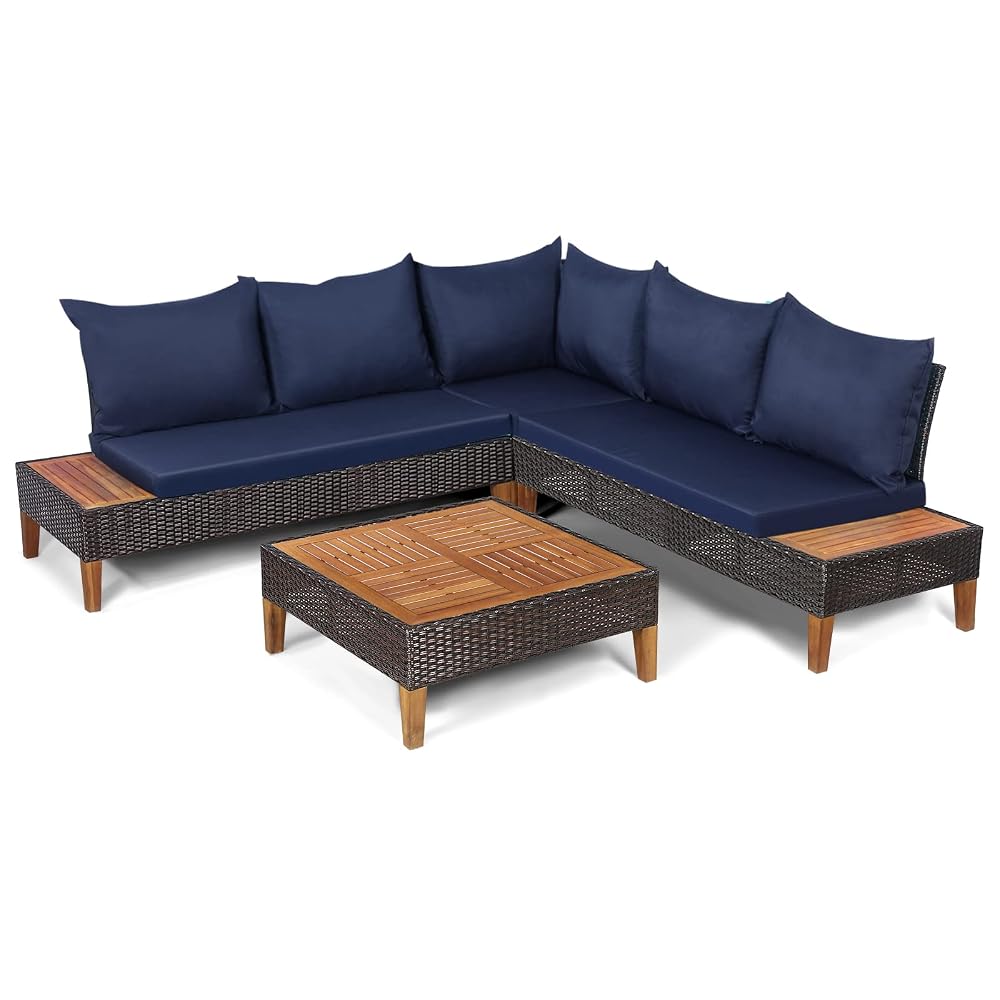 COSTWAY 5 Seater Garden Rattan Corner Sofa Set, Acacia Wood Table