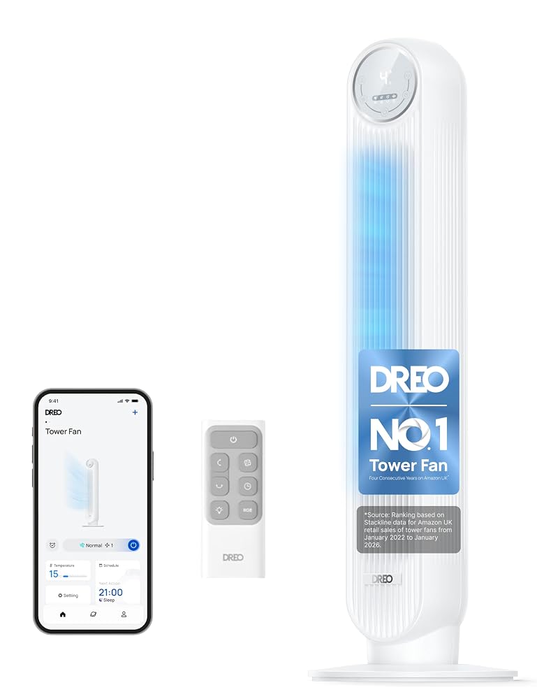 DREO 20dB Smart Silent Tower Fan, 28 ft/s Velocity Cooling Fan with Remote, 8 Speeds 4 Modes