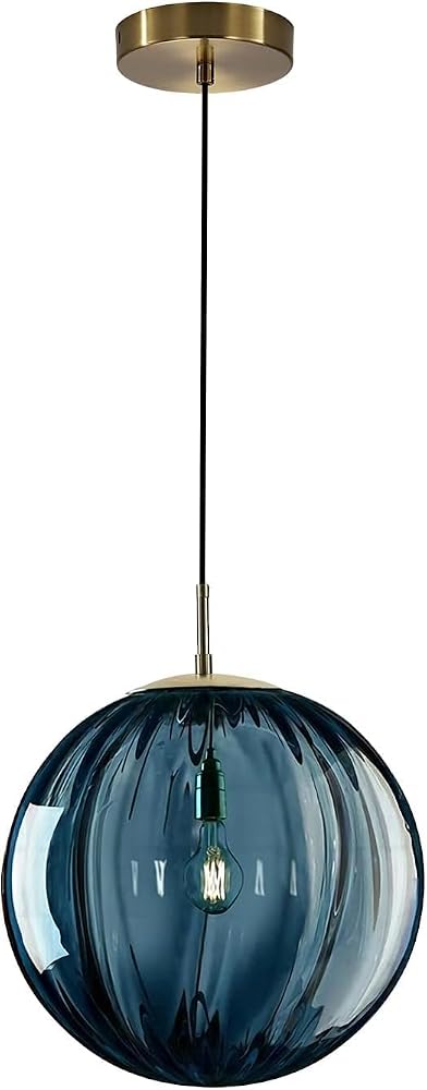 KCO Lighting Modern Large Globe Pendant Light, Single Blue Ribbed Glass Kitchen Island Hanging Light Fixture (9.8in)