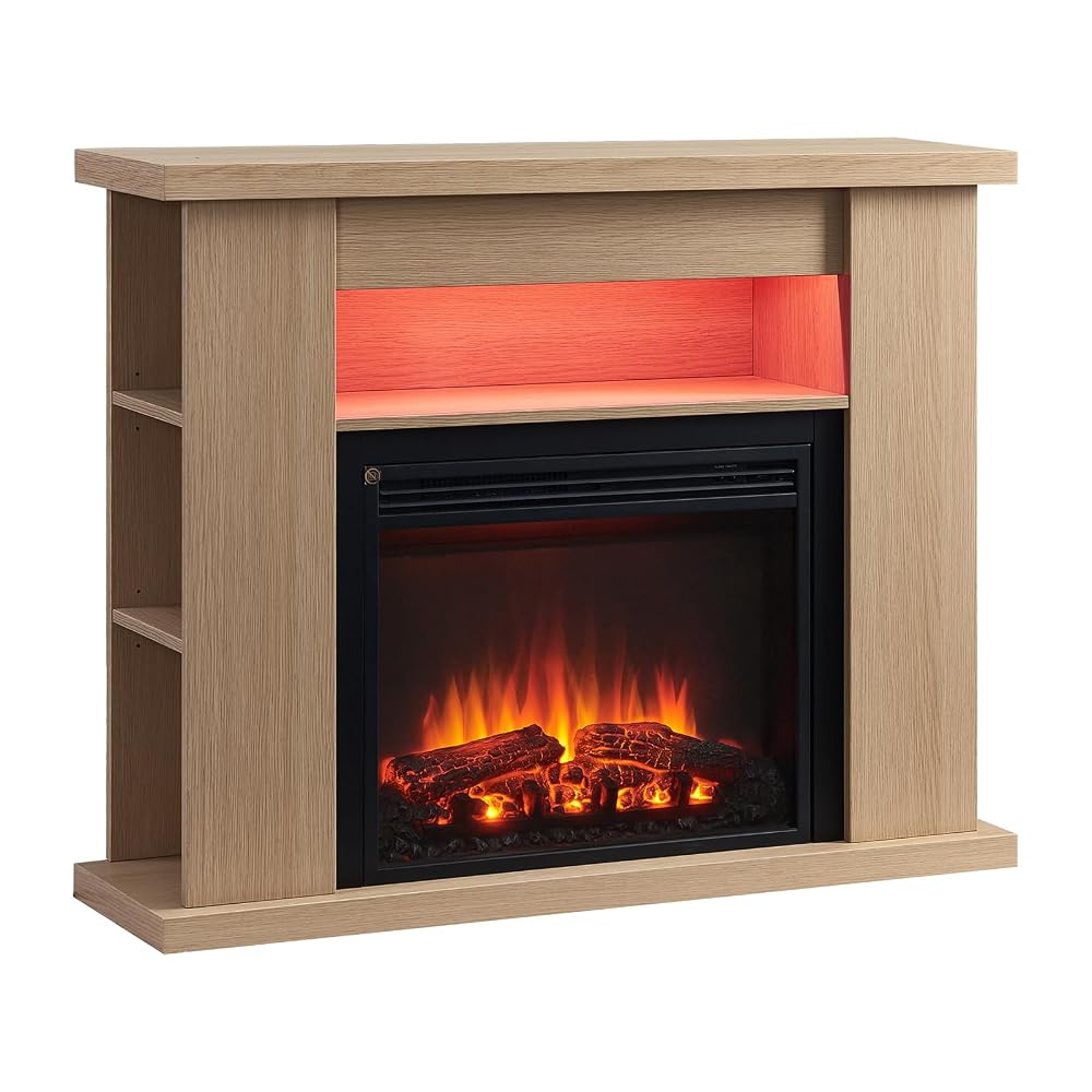 FLAMME 43" Lipson Electric Fireplace Suite Natural Oak Colour with Storage Shelves, 2000W Heater with Glass Fronted Flame Effect