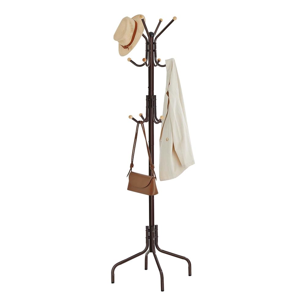 SONGMICS Coat Stand, Metal Coat Rack with 12 Hooks, Brown