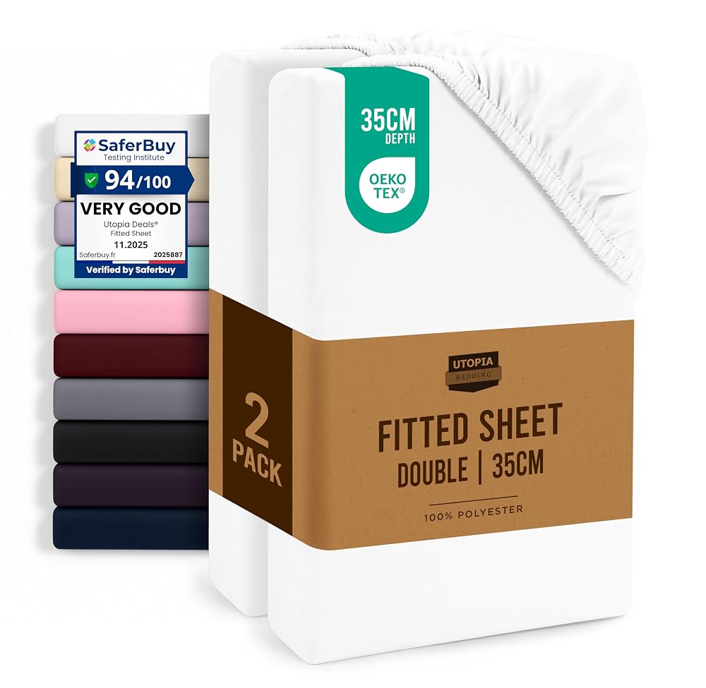 Utopia Bedding Fitted Sheet Double (2 Pack), White, Deep Pocket 35cm, Oeko-Tex Certified Soft Brushed Microfibre